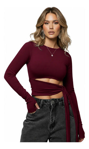 Cropped Manga Longa Feminino Amarração Cintura Moda Gringa
