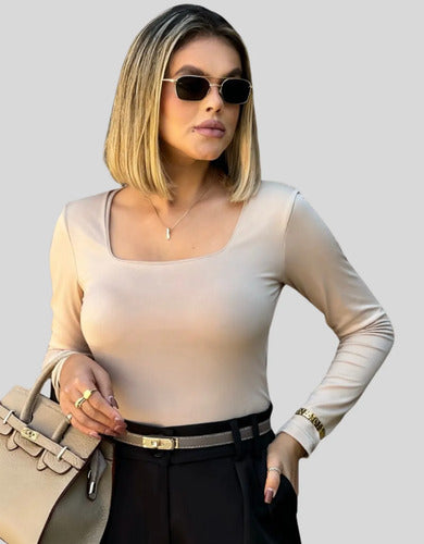 Blusa Manga Longa Feminina Decote Quadrado Segunda Pele