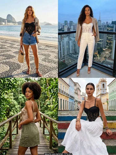 Cropped Corset Corselete De Renda Com Barbatana Feminino