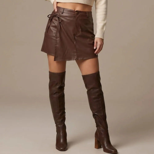 Short Saia Couro Sintético Feminino Cintura Alta Transpasse