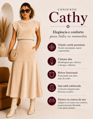 Conjunto Feminino Blusa Saia Veludo Cotelê Inverno Quentinho