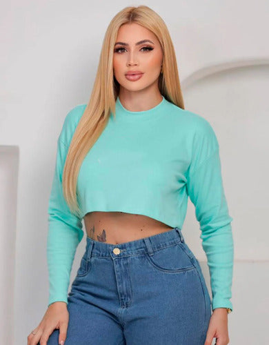 Blusa Cropped Manga Longa Feminino Gola Alta Suedine Premium