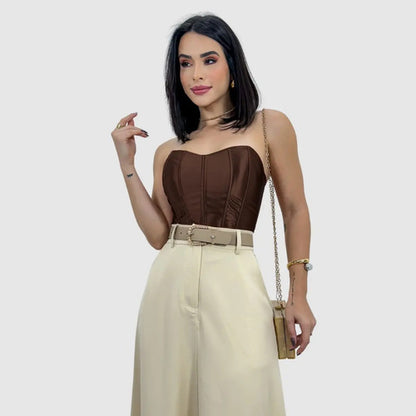 Cropped Corset Feminino Bico Acetinado Luxo Amarração Top