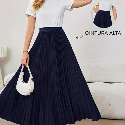 Saia Longa Feminina Plissada Cintura Alta Moda Evangélica