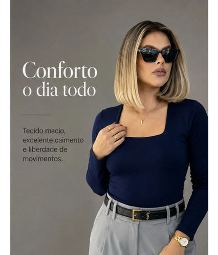 Blusa Manga Longa Feminina Decote Quadrado Segunda Pele