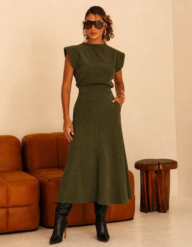 Conjunto Feminino Blusa Saia Veludo Cotelê Inverno Quentinho