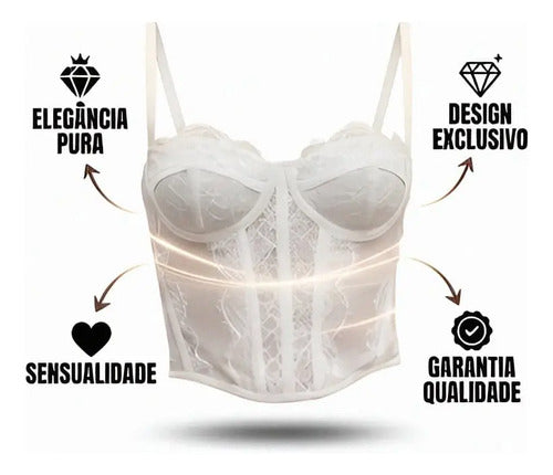Corset Renda Feminino Alça Cropped Sexy Corpete Blusa Top