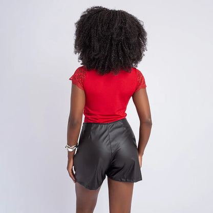 Short Saia Couro Social Feminino Cintura Alta Zíper Lateral