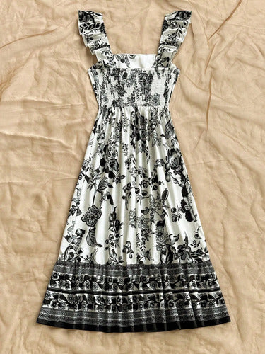 Long Dress with Straps, Ruffles, and Floral Print for Women