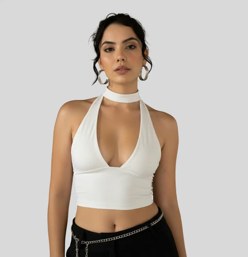 Cropped Top Amarraçao No Pescoço Poliamida Blogueira Balada