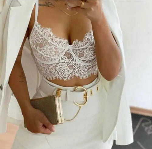 Cropped De Renda Meia Taça Alça Rendada Eleva Seio Plus Size