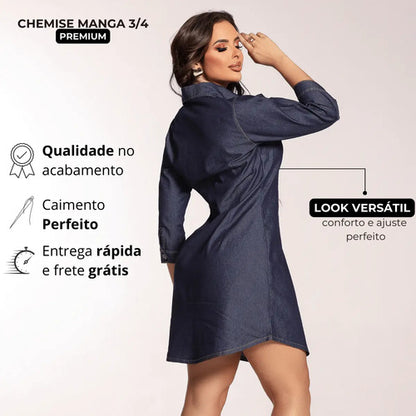 Chemise Jeans Feminina Manga 3/4 Leve Oversized Sem Lycra
