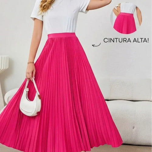 Saia Longa Feminina Plissada Cintura Alta Moda Evangélica
