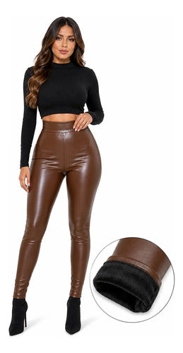Calça Couro Fake Courino Preta Modeladora Flanelada Premium