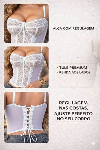 Corset Renda Feminino Alça Cropped Sexy Corpete Blusa Top