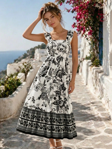 Long Dress with Straps, Ruffles, and Floral Print for Women