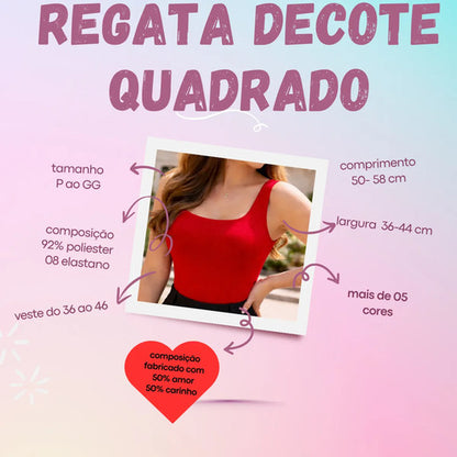 Blusa Regata Feminino Decote Quadrado Alça Grossa Casual Ful