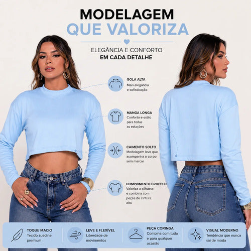 Blusa Cropped Manga Longa Feminino Gola Alta Suedine Premium