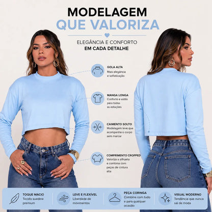 Blusa Cropped Manga Longa Feminino Gola Alta Suedine Premium