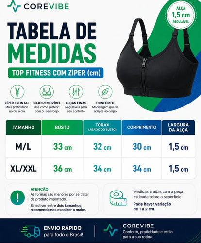 Kit 2 Top Esportivo Feminino Zíper Frontal Com Bojo Academia