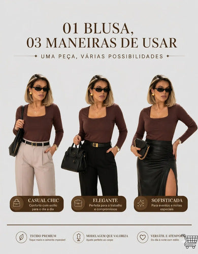 Blusa Manga Longa Feminina Decote Quadrado Segunda Pele
