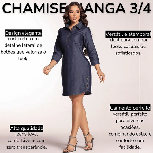 Chemise Jeans Feminina Manga 3/4 Leve Oversized Sem Lycra