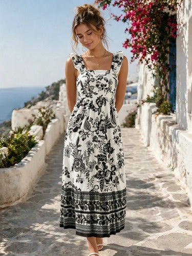 Long Dress with Straps, Ruffles, and Floral Print for Women