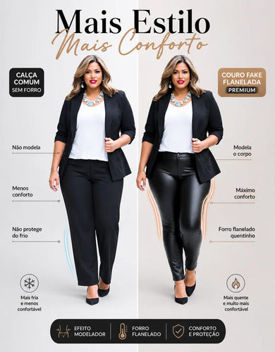 Calça Couro Fake Courino Preta Modeladora Flanelada Premium