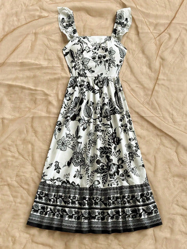 Long Dress with Straps, Ruffles, and Floral Print for Women