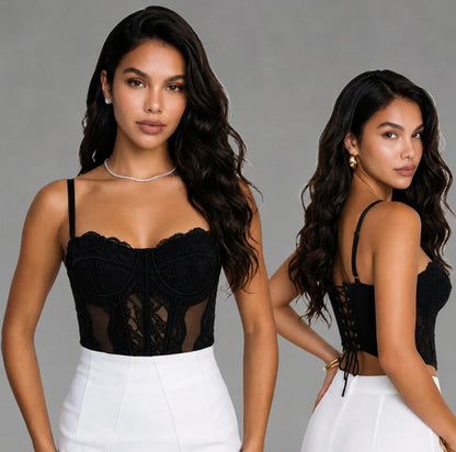 Corset Renda Feminino Alça Cropped Sexy Corpete Blusa Top