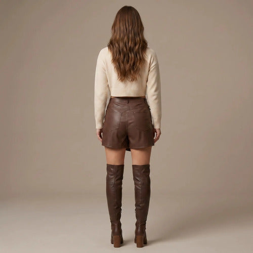 Short Saia Couro Sintético Feminino Cintura Alta Transpasse
