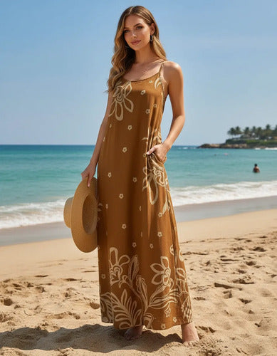 Vestido Feminino Longo Estampado Com Alça Regulável