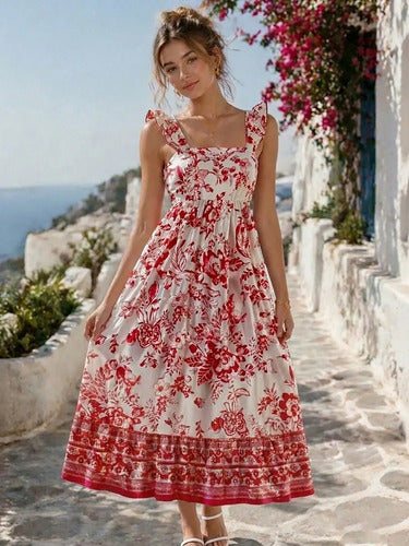 Long Dress with Straps, Ruffles, and Floral Print for Women