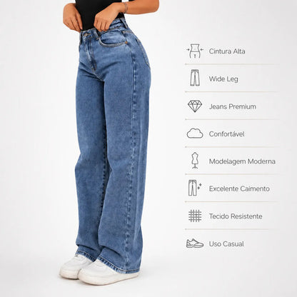 Calça Jeans Wide Leg Feminina Cintura Alta Pantalona