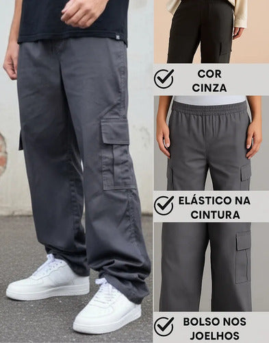 Calça Cargo Masculina Feminina Skate Larga Cordão Elástico