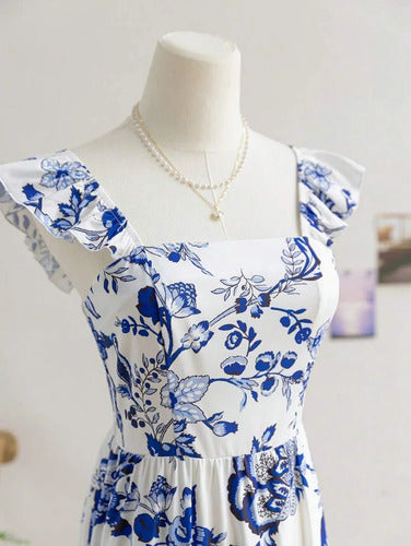 Long Dress with Straps, Ruffles, and Floral Print for Women