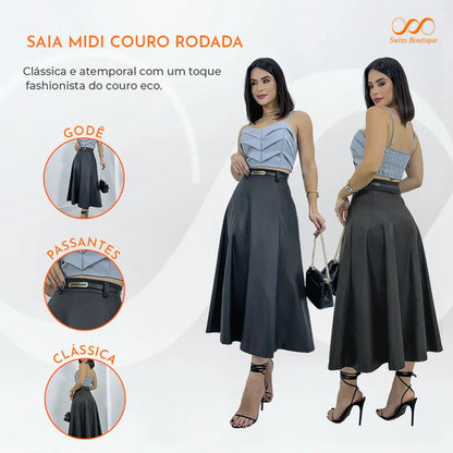 Saia Longa Feminina Couro Cintura Alta Plissada Elegante