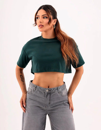 T-shirt Cropped Feminino Oversized Com Malha Suedine