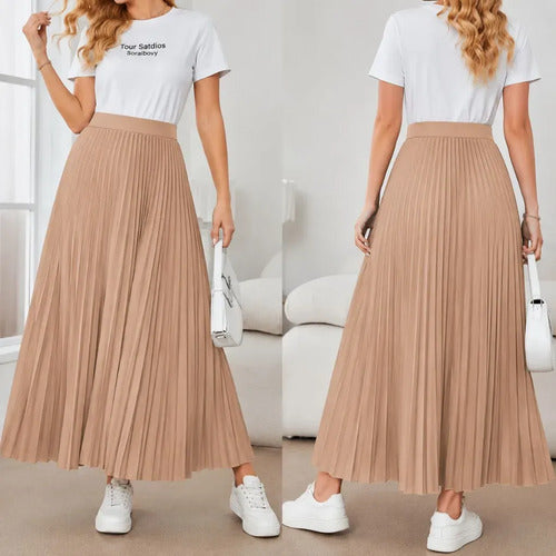 Saia Longa Feminina Plissada Cintura Alta Moda Evangélica