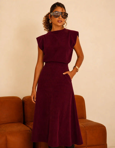 Conjunto Feminino Blusa Saia Veludo Cotelê Inverno Quentinho