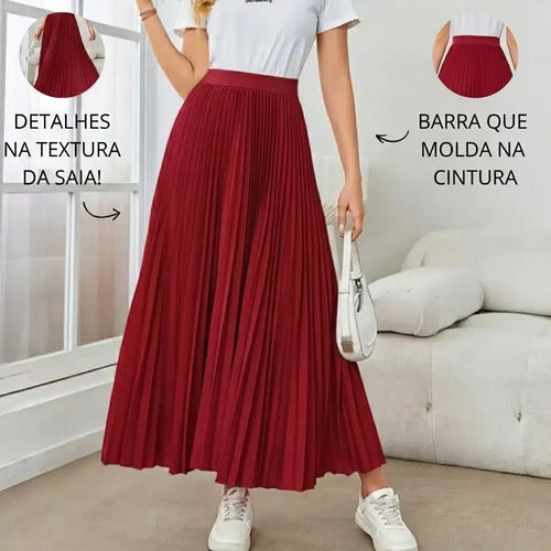 Saia Longa Feminina Plissada Cintura Alta Moda Evangélica