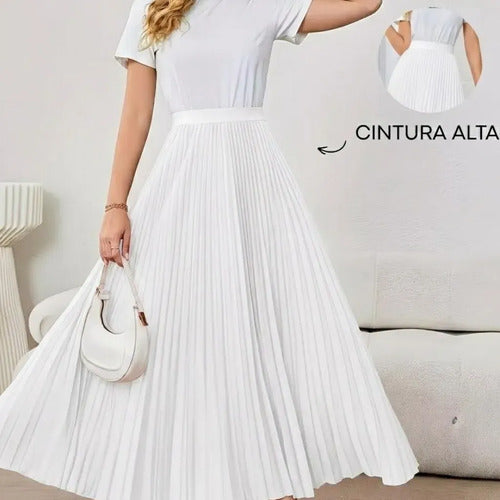 Saia Longa Feminina Plissada Cintura Alta Moda Evangélica