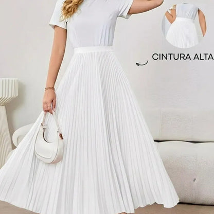 Saia Longa Feminina Plissada Cintura Alta Moda Evangélica