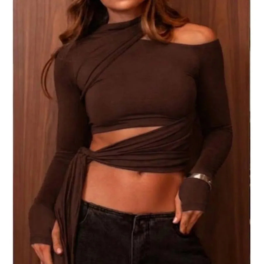 Blusa Cropped Feminina Manga Longa Ombrinho  Luvinha Amarrar