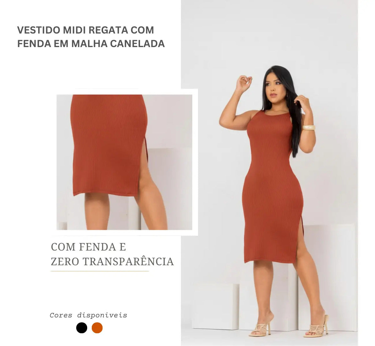 Vestido Canelado Midi Regata Com Fenda Zero Transparência