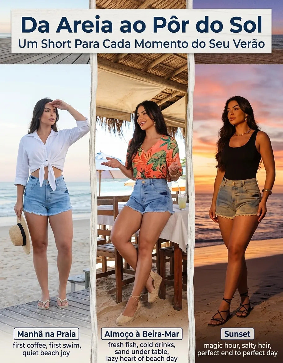 Short Jeans Feminino Cintura Alta Com Lycra Barra Desfiada