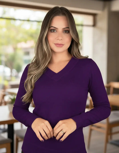Blusa Trico Basica De Frio Feminina Decote V Manga Longa