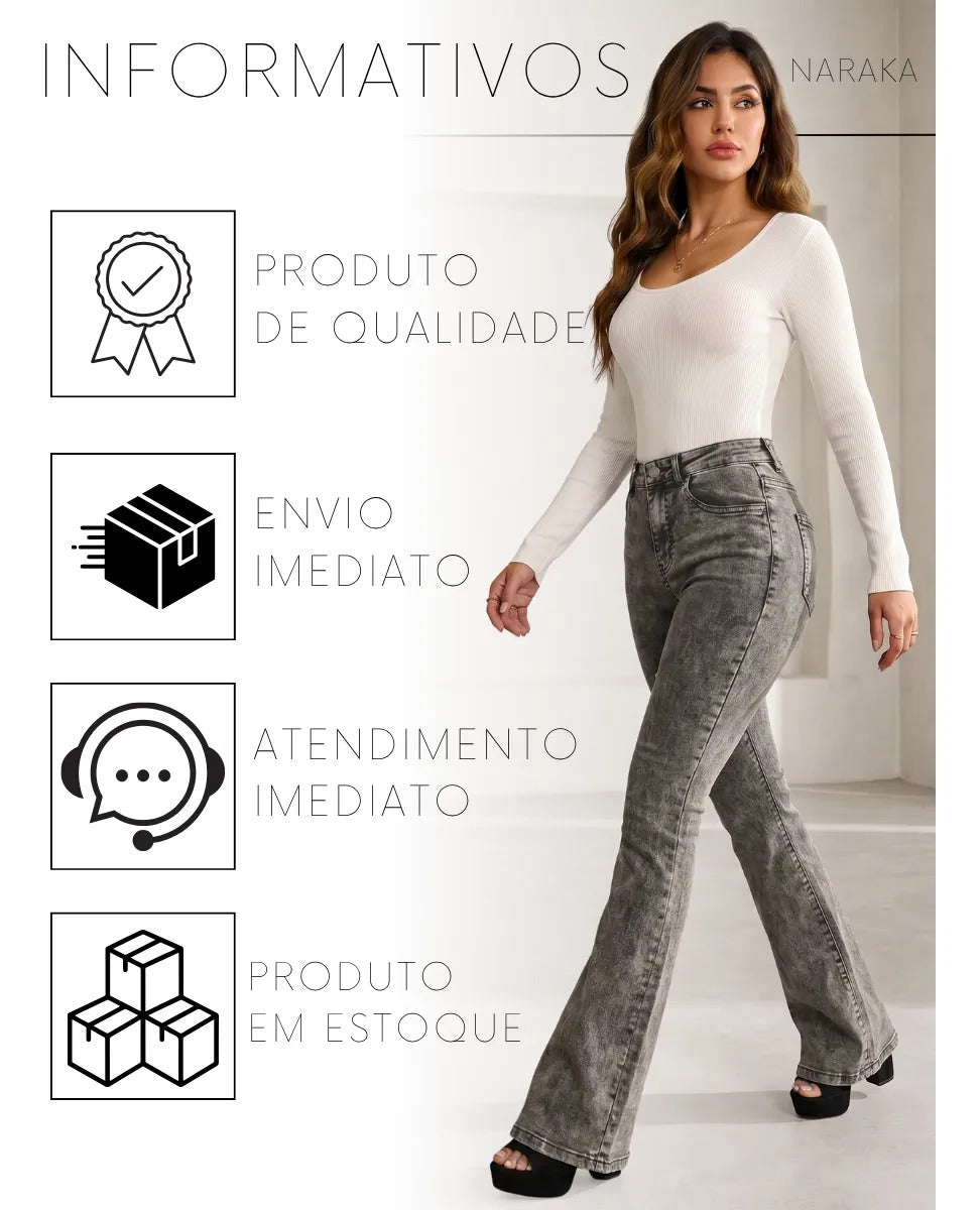 Calça Jeans Flare Feminina Cintura Alta Com Elastano