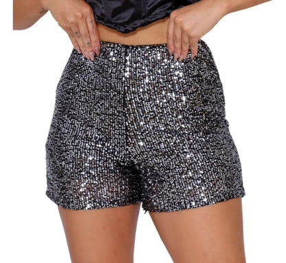 Short Bermuda Feminino Cintura Alta Paetê Balada Moda Brilho