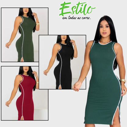 Vestido Midi Canelado Premium Regata Casual Básico Modelador